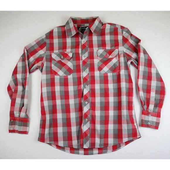 MENS' RED GARY PALID BUTTON UP LONG SLEEVE SHIRT - CARBON - SIZE L - POCKETS - Picture 1 of 11